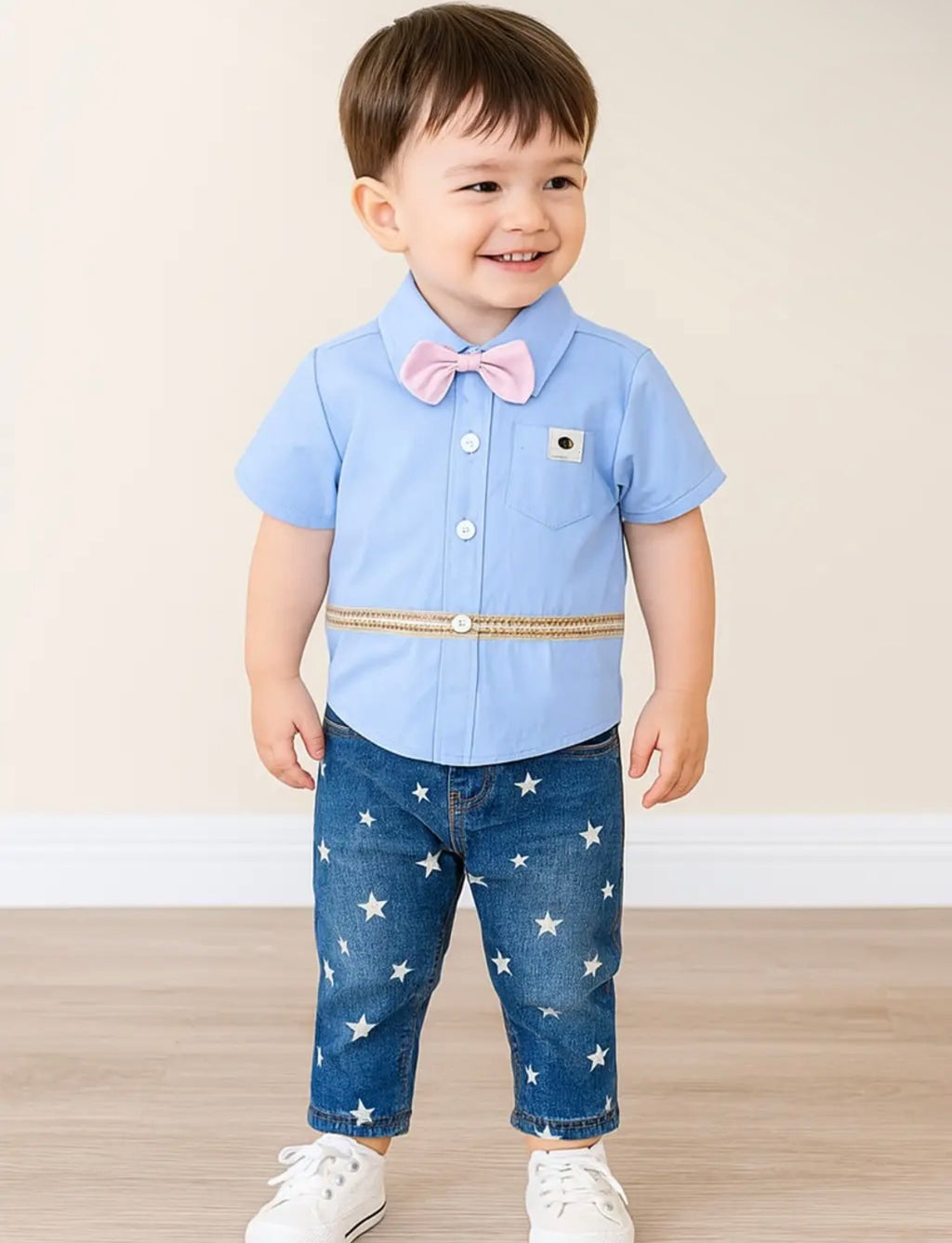 Blue-Shirt and jeans 2 piece outfit for baby boy with bow tie