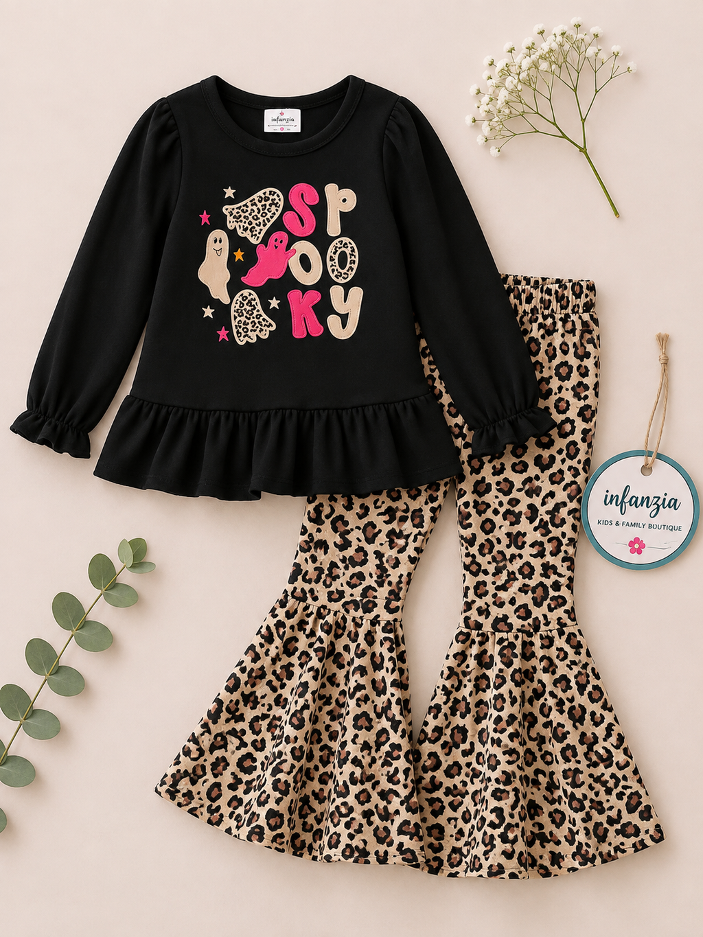 "Spooky" Black Applique Long Sleeve Shirt and Cheetah Printed Bell Bottoms.