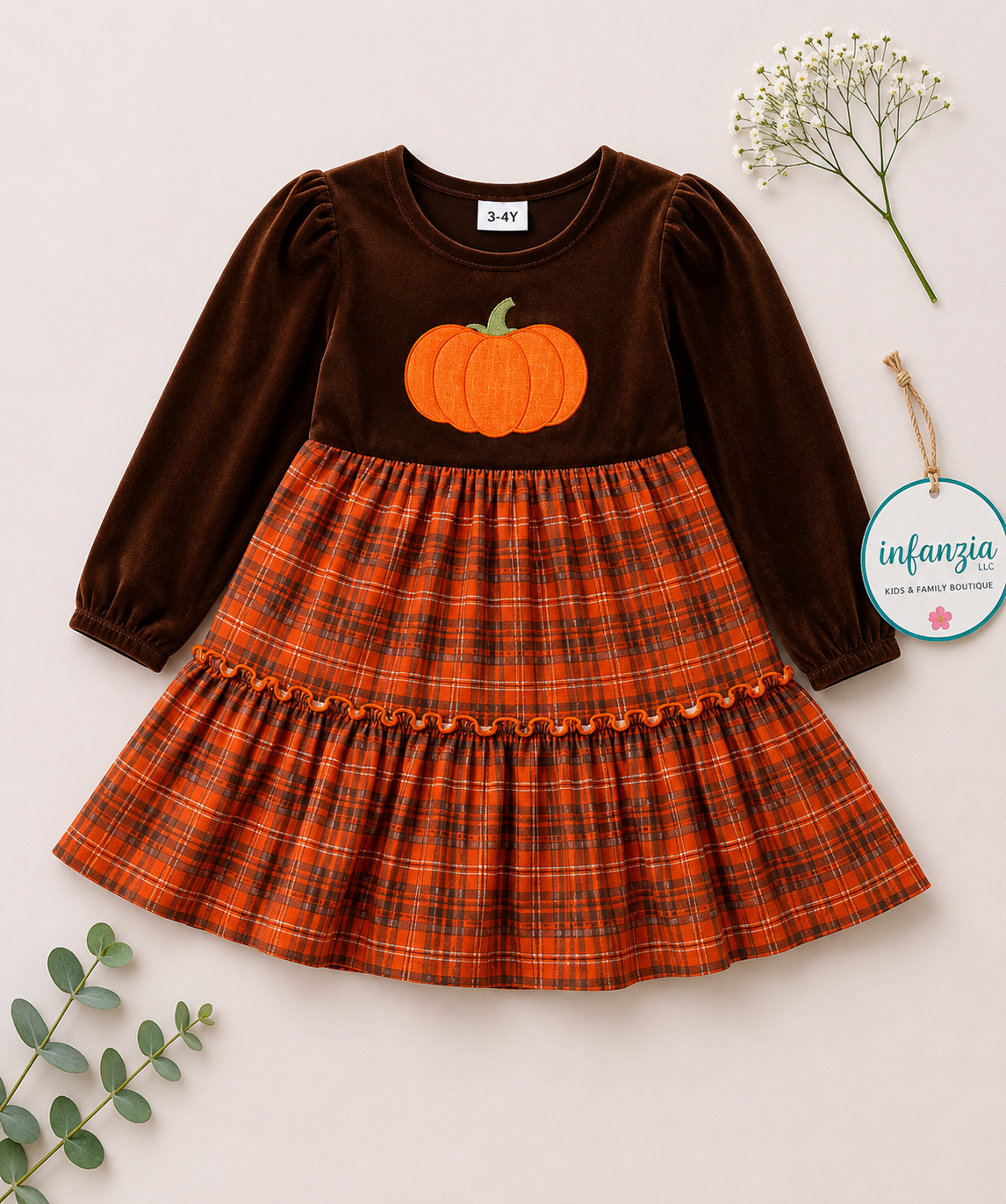 Brown Faux Velvety Ruffle Dress