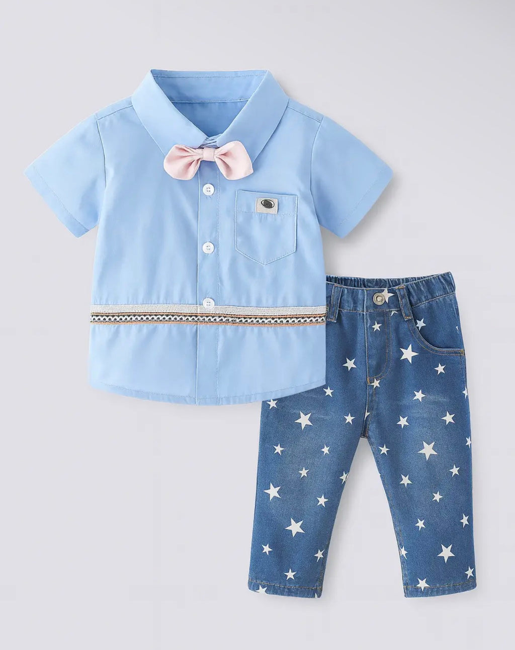 Blue-Shirt and jeans 2 piece outfit for baby boy with bow tie