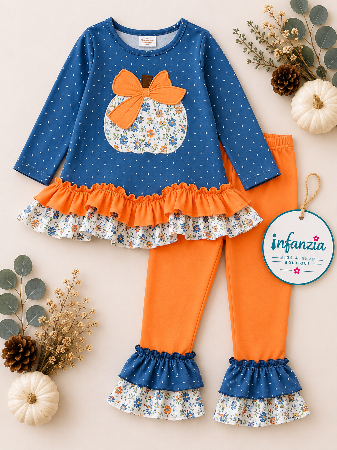 Blue Top W/White Polka Dot & Ruffle Hem and Orange Pants.