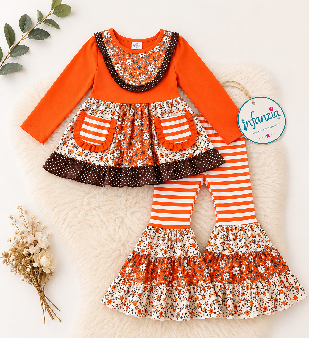 Stripe, Floral Multi-Printed Block in Orange Tone 2 Piece Set.
