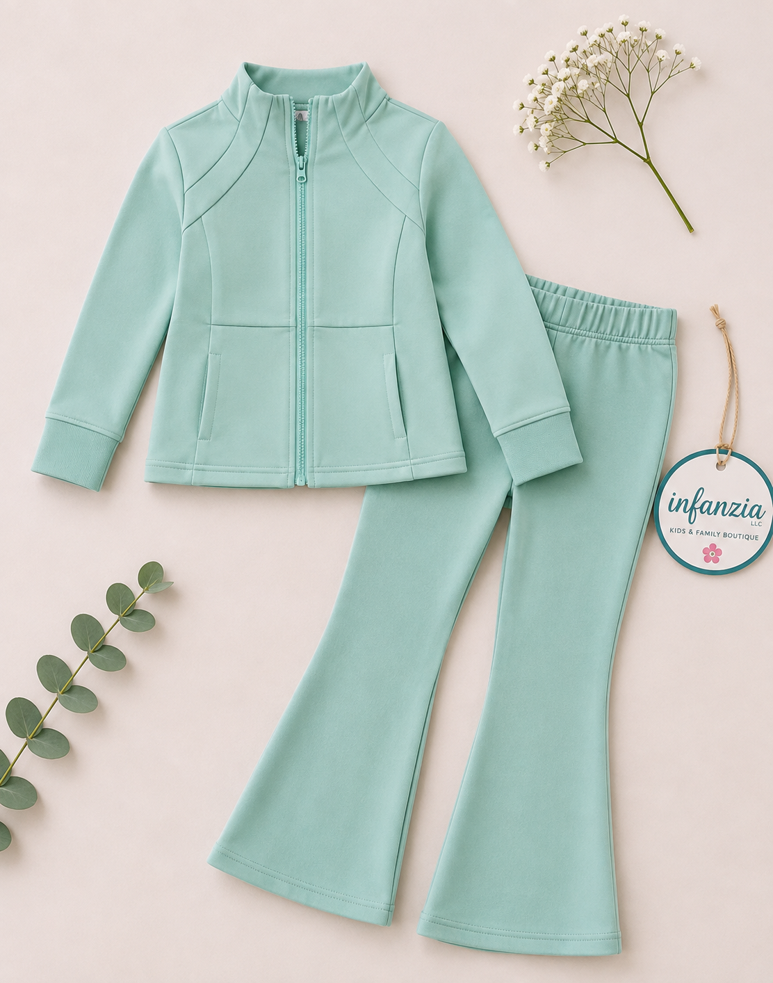 Dusty Green Girls Stretchy Active Wear Set