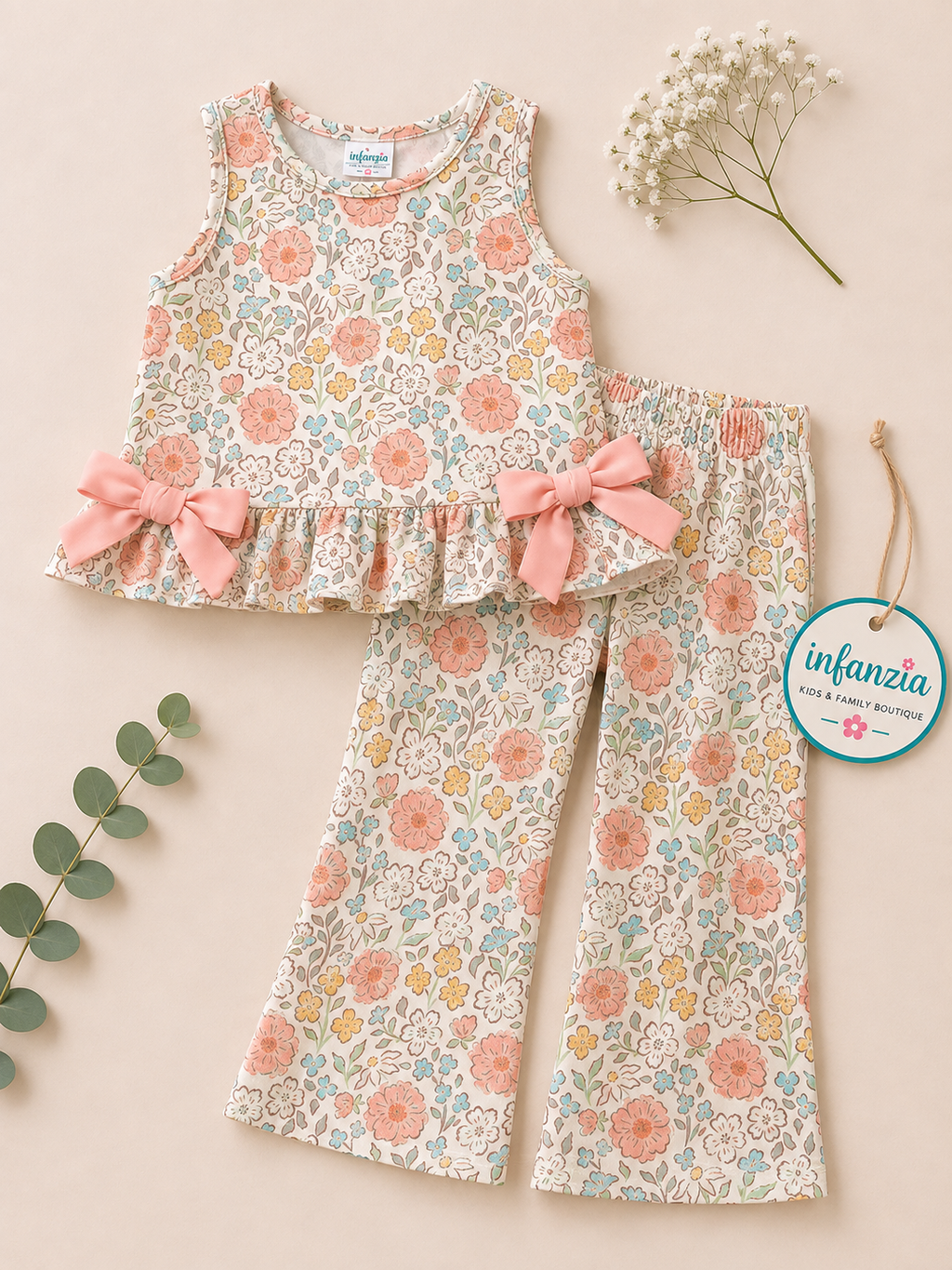 A Playful Floral Tunic with A Ruffled Hem, Adorned with Side Bows and Bottoms