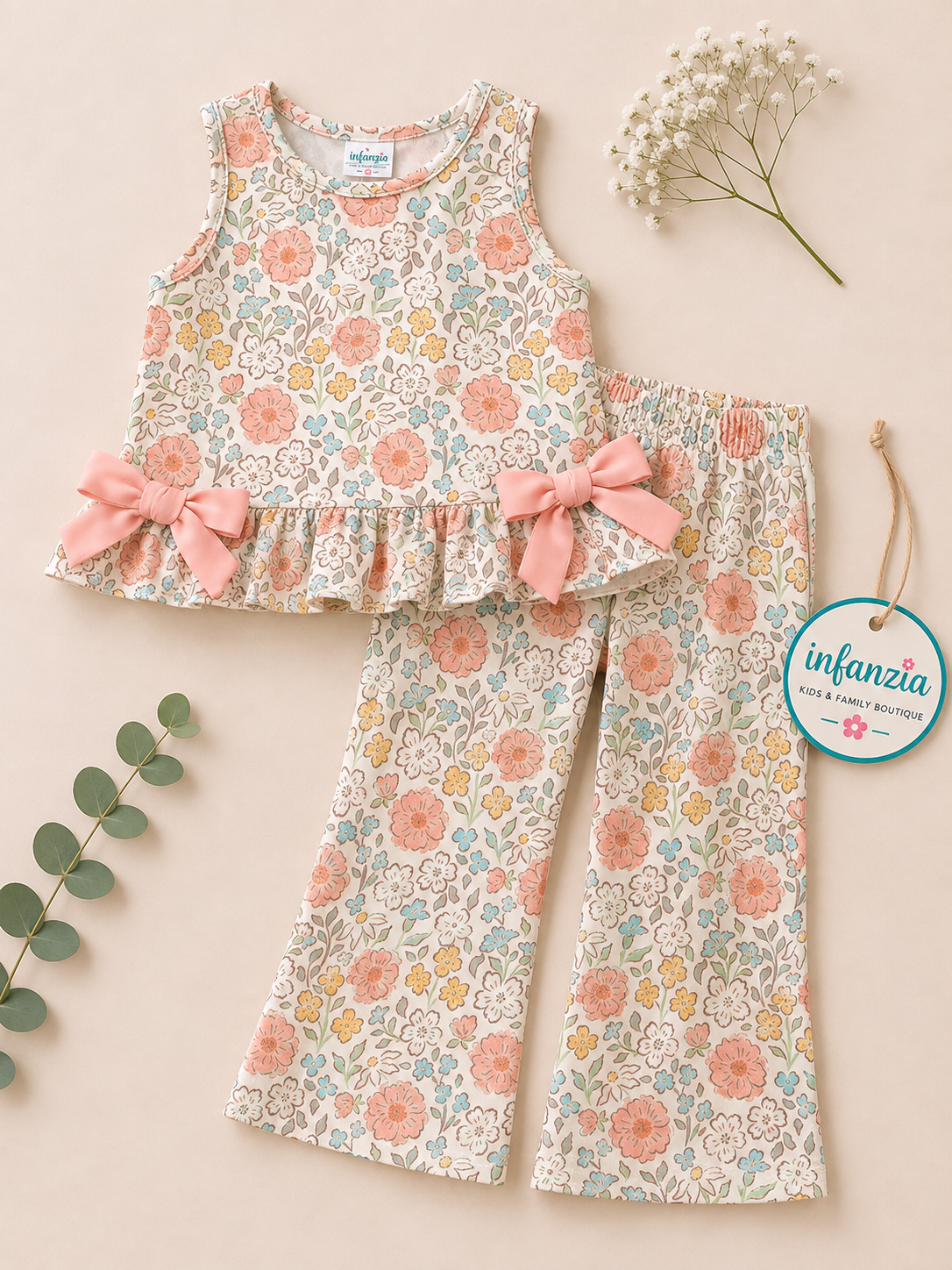 A Playful Floral Tunic with A Ruffled Hem, Adorned with Side Bows and Bottoms