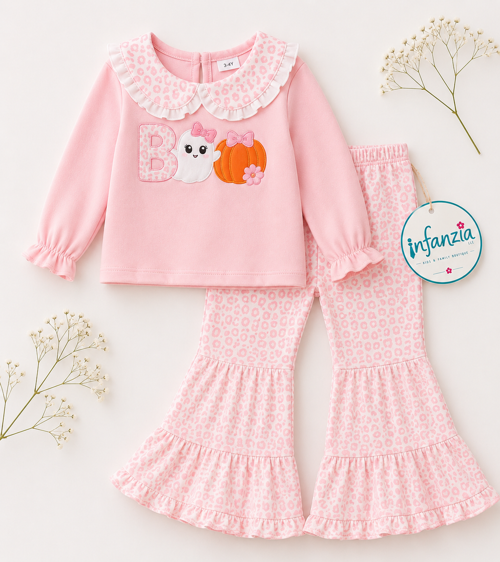 Boo Applique Long Sleeve Top and Cheetah Printed Bell Bottoms.