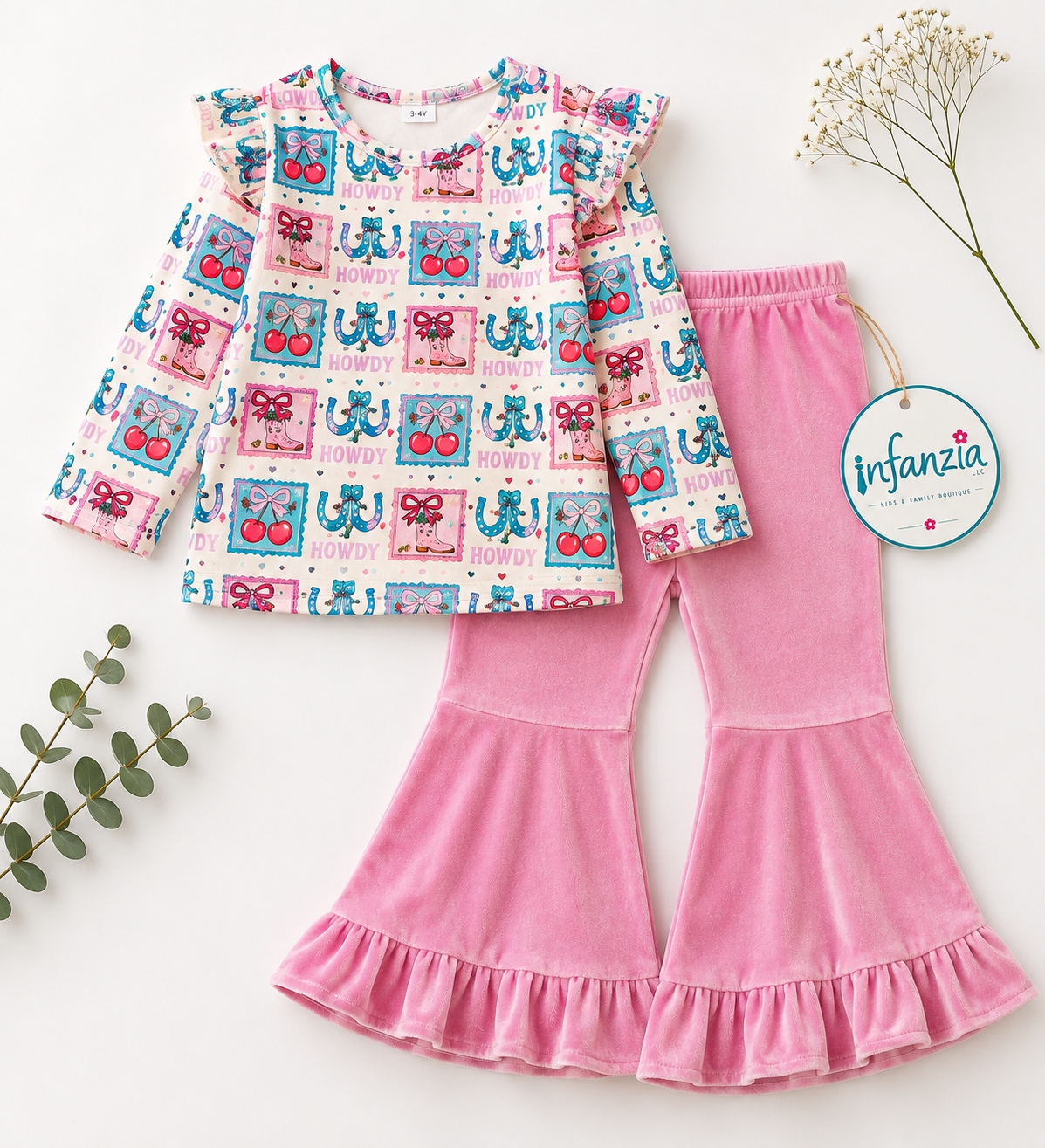 Cherry Printed Long Sleeve Top and Soft Velvety Bell Bottoms.
