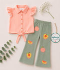 Coral Stripe Knot Blouse & Corduroy Pants.