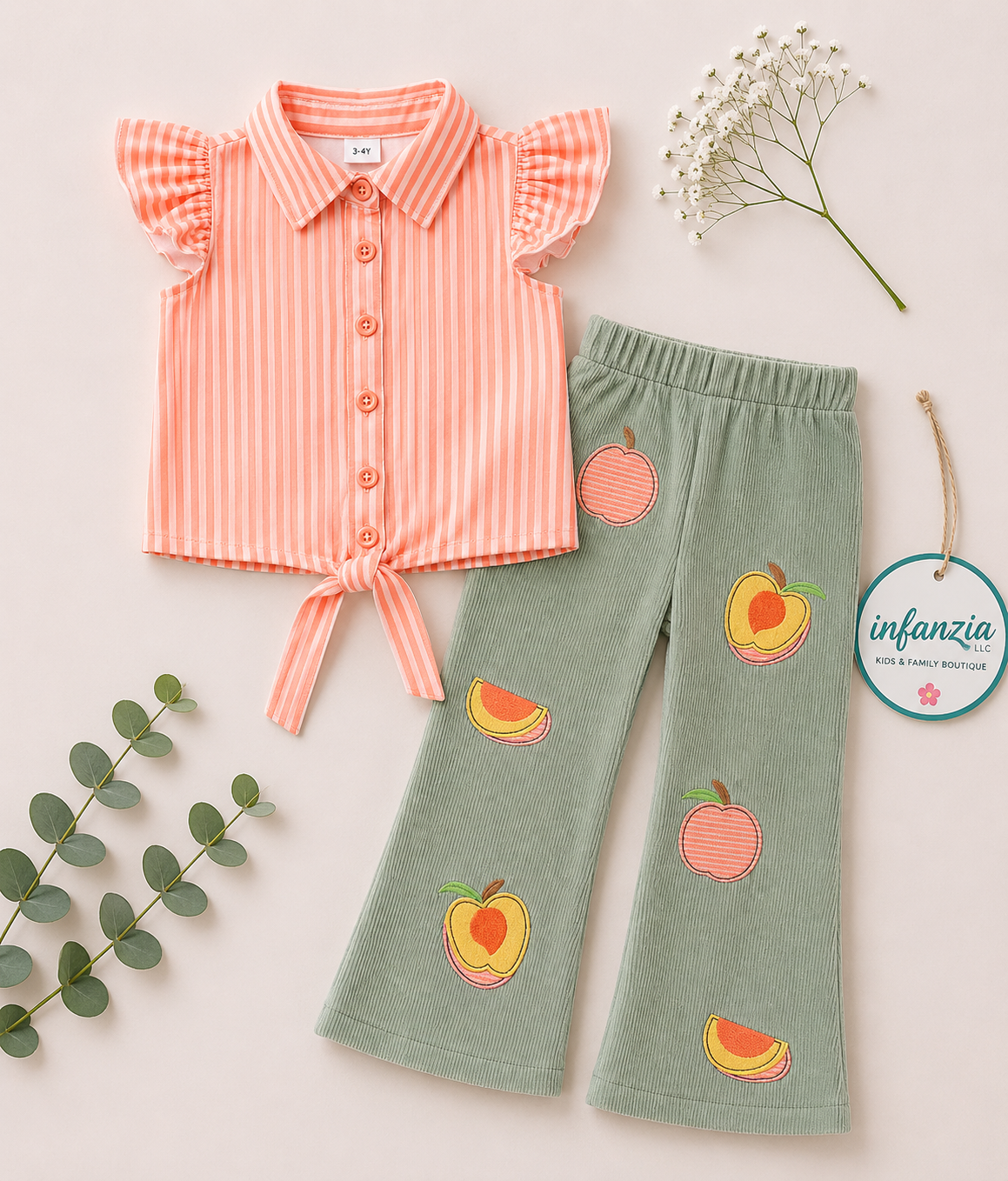 Coral Stripe Knot Blouse & Corduroy Pants.