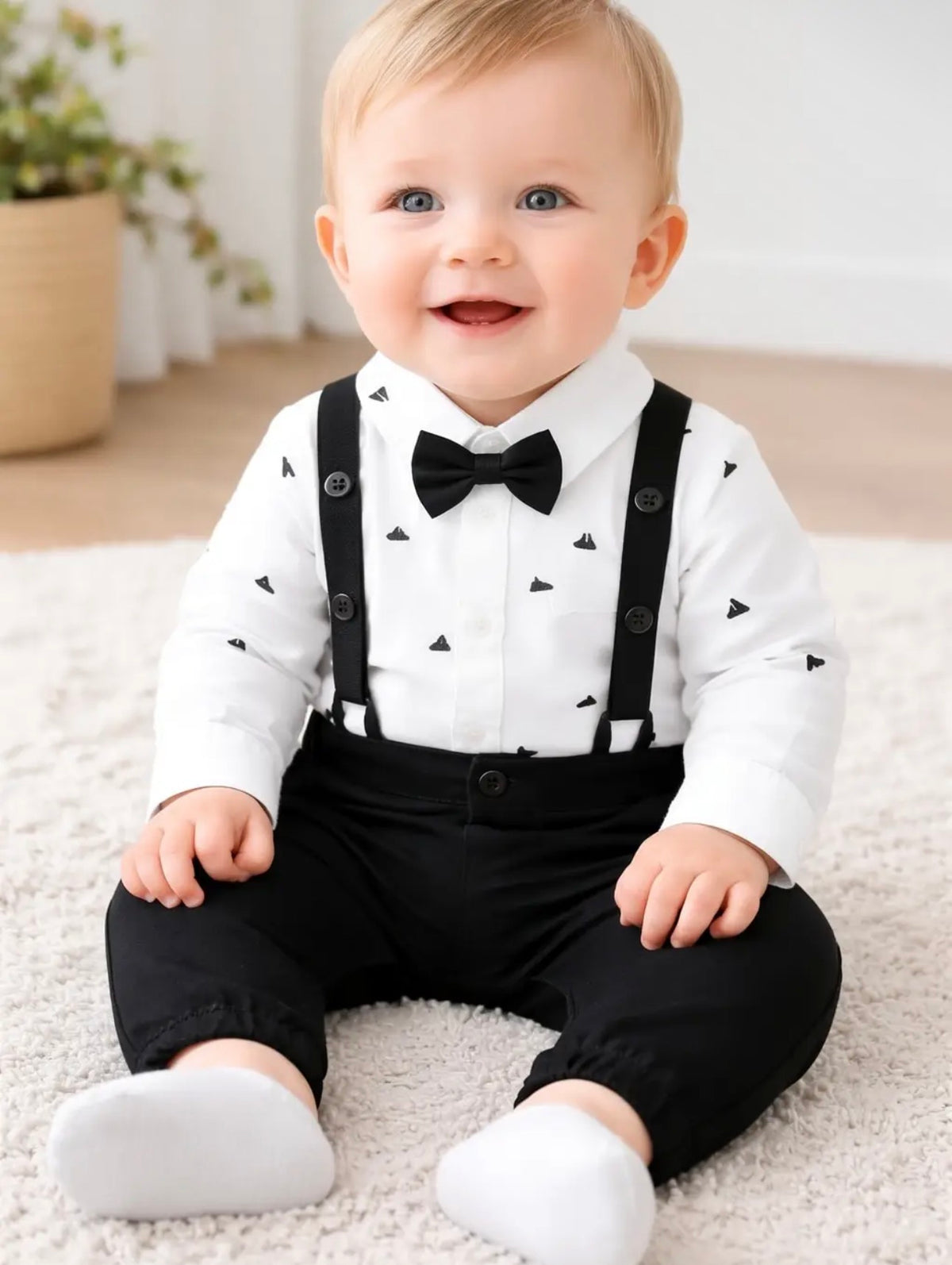 Black and white baby boy romper
