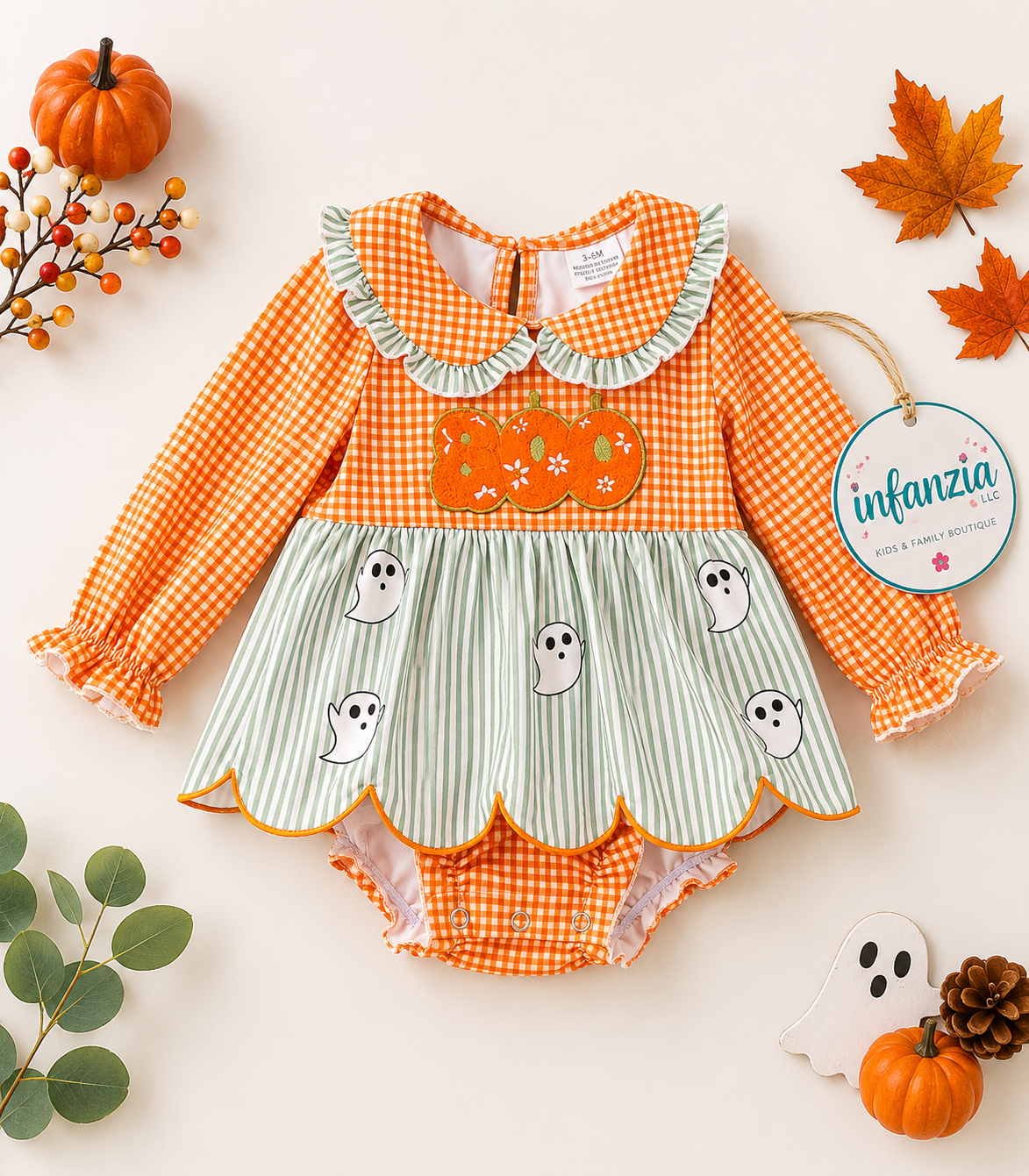 Orange Gingham & Stripe Printed Baby Dress W/Attached Bloomers.