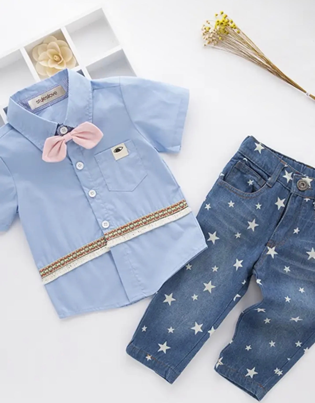 Blue-Shirt and jeans 2 piece outfit for baby boy with bow tie