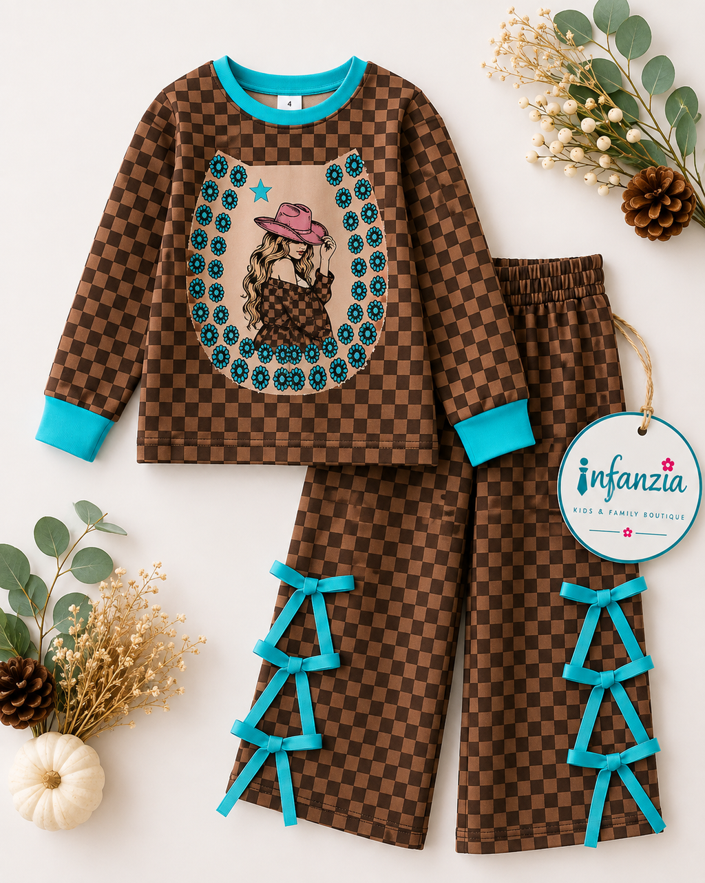 Brown & Tan Checkered Girls 2 Piece Set